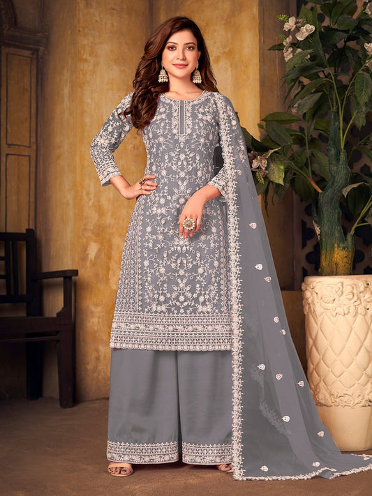 Grey Net Partywear Palazzo Suit - Inddus.com