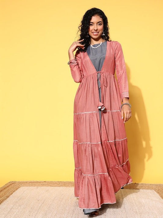 Grey & Peach-Coloured Maxi Dress With Mukaish Embroidered Jacket - Inddus.com