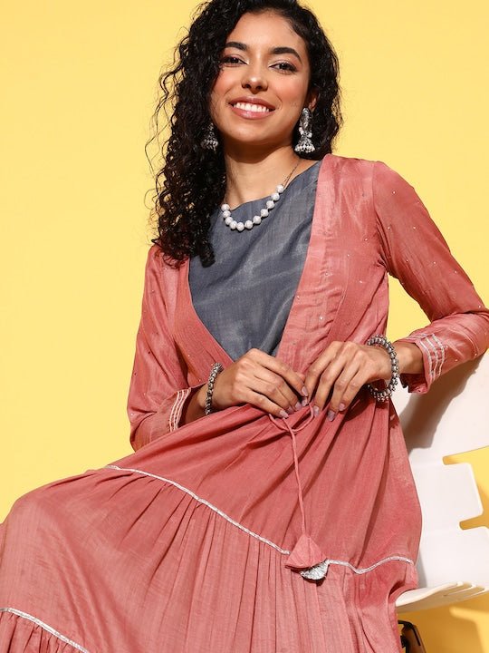 Grey & Peach-Coloured Maxi Dress With Mukaish Embroidered Jacket - Inddus.com