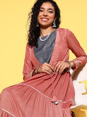 Grey & Peach-Coloured Maxi Dress With Mukaish Embroidered Jacket - Inddus.com