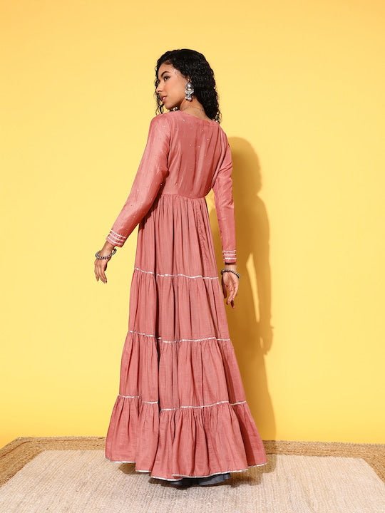 Grey & Peach-Coloured Maxi Dress With Mukaish Embroidered Jacket - Inddus.com