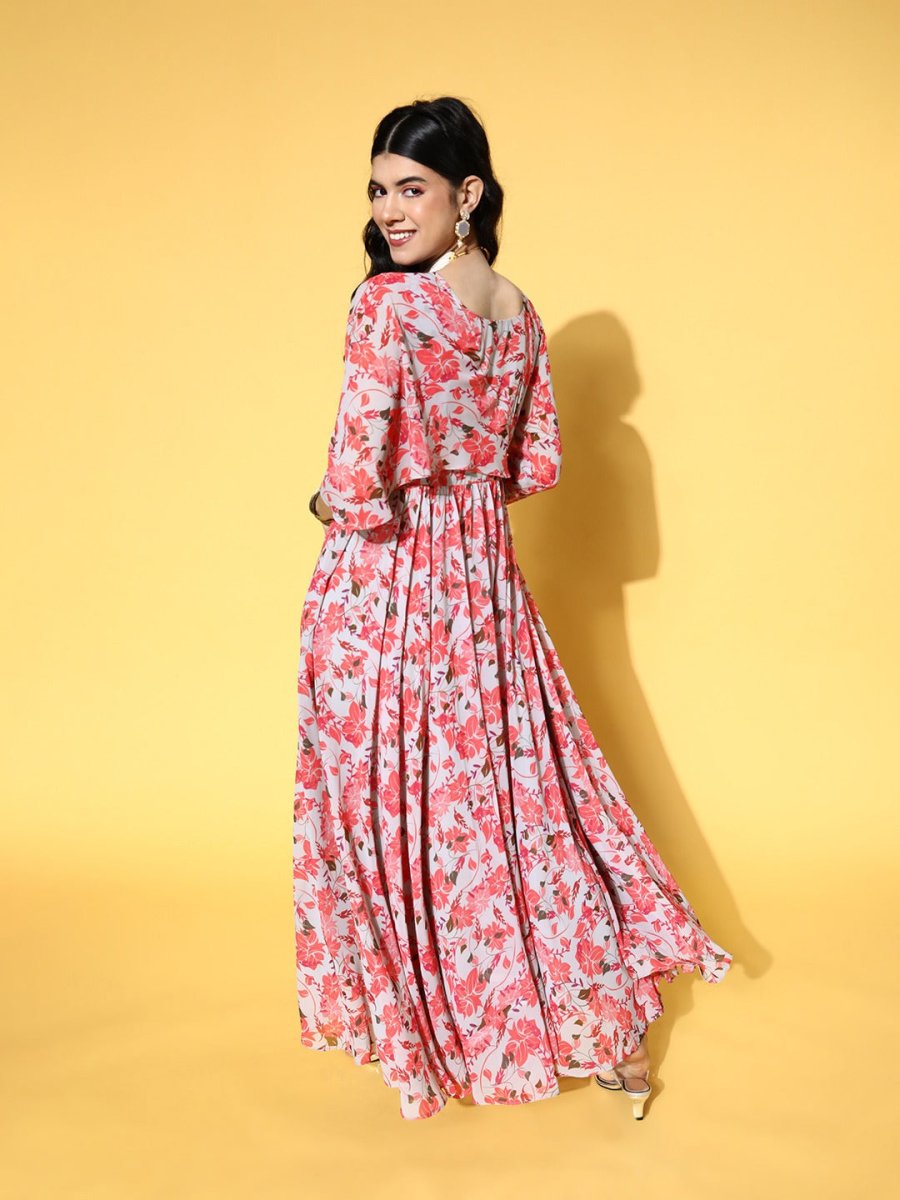 Grey & Peach Fit and Flared Floral Printed Gown - Inddus.com