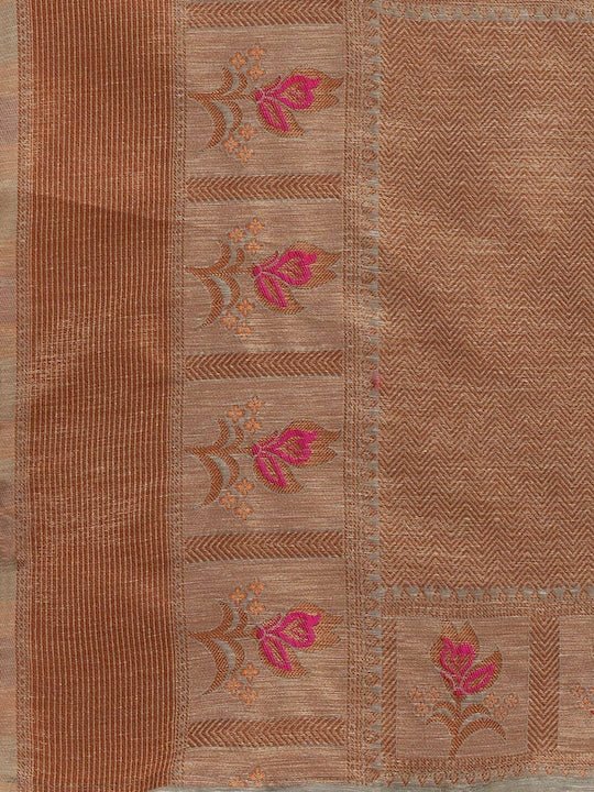 Grey & Red Ethnic Motifs Embroidered Cotton Blend Saree - Inddus.com