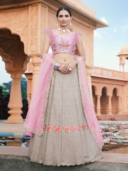 Grey Satin Festive Lehenga Choli - Inddus.com