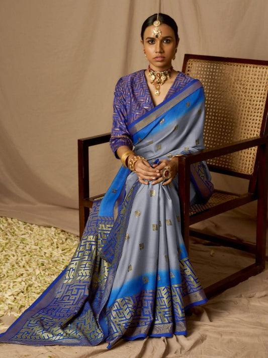 Grey Soft Silk Woven Design Saree - Inddus.com