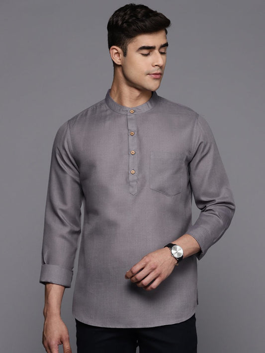 Grey Solid Linen Blend Kurta - Inddus.com