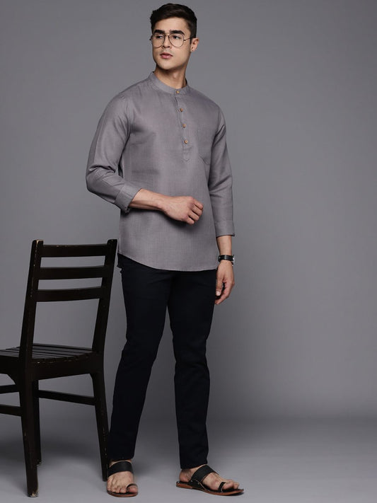 Grey Solid Linen Blend Kurta - Inddus.com