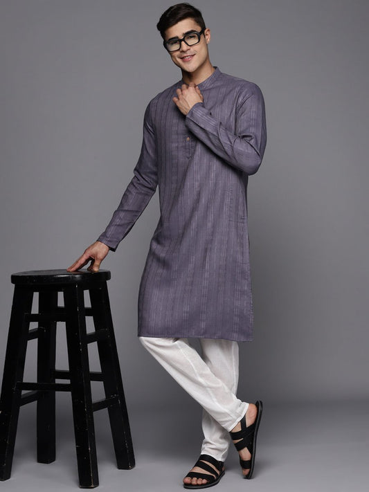 Grey Striped Solid Kurta - Inddus.com