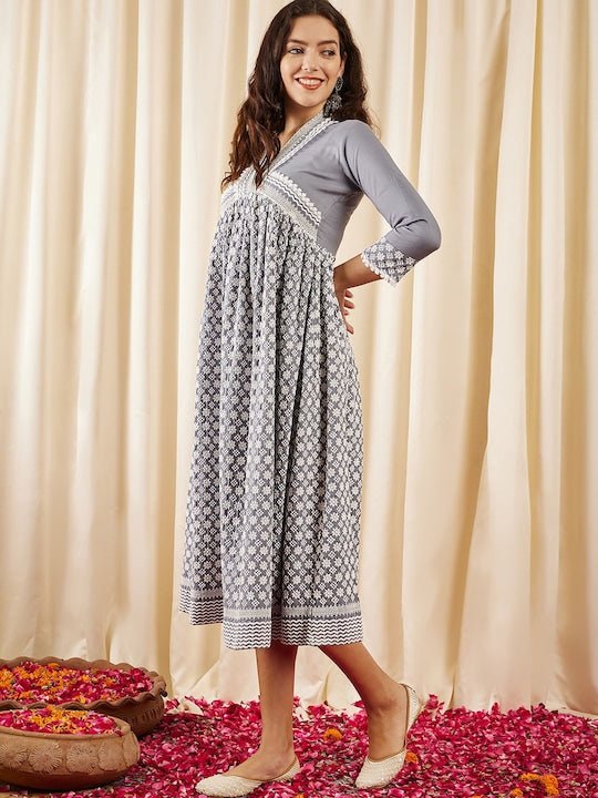 Grey & White Ethnic Motifs Embroidered V-Neck Chikankari Detailed Empire Midi Ethnic Dress - Inddus.com