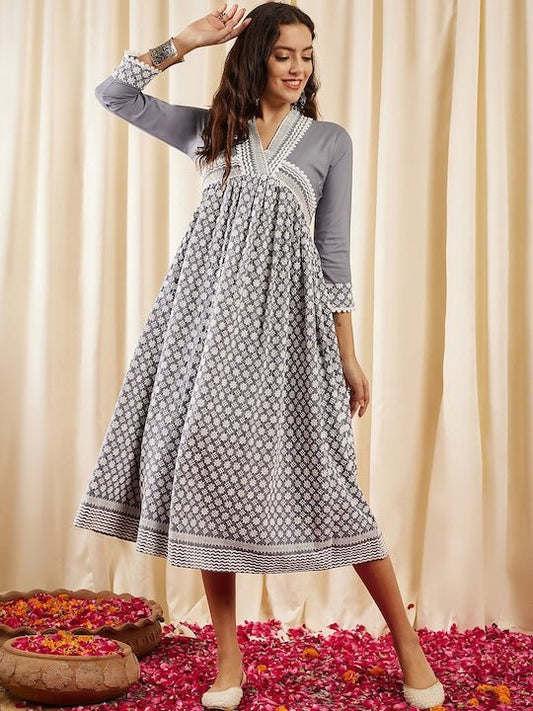 Grey & White Ethnic Motifs Embroidered V-Neck Chikankari Detailed Empire Midi Ethnic Dress - Inddus.com