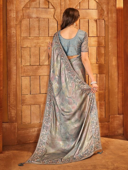 Grey Women Floral Embroidered Satin Saree - Inddus.com