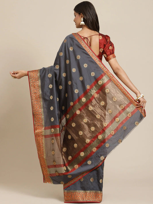 Grey Zari Woven Banarasi Saree - Inddus.com