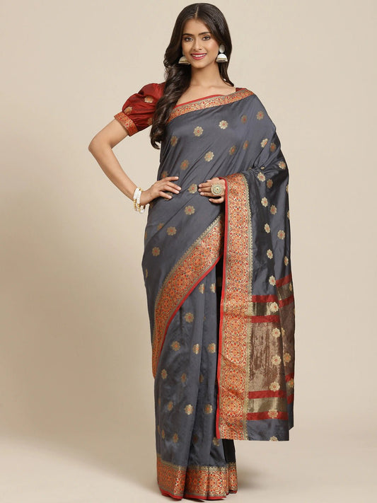 Grey Zari Woven Banarasi Saree - Inddus.com