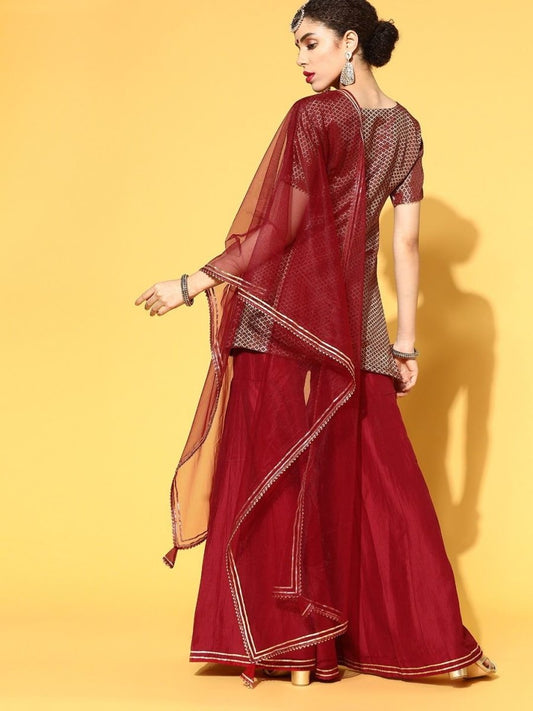 impressive maroon silk blend woven design kurta set