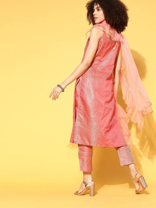 incredible pink silk blend woven design kurta set