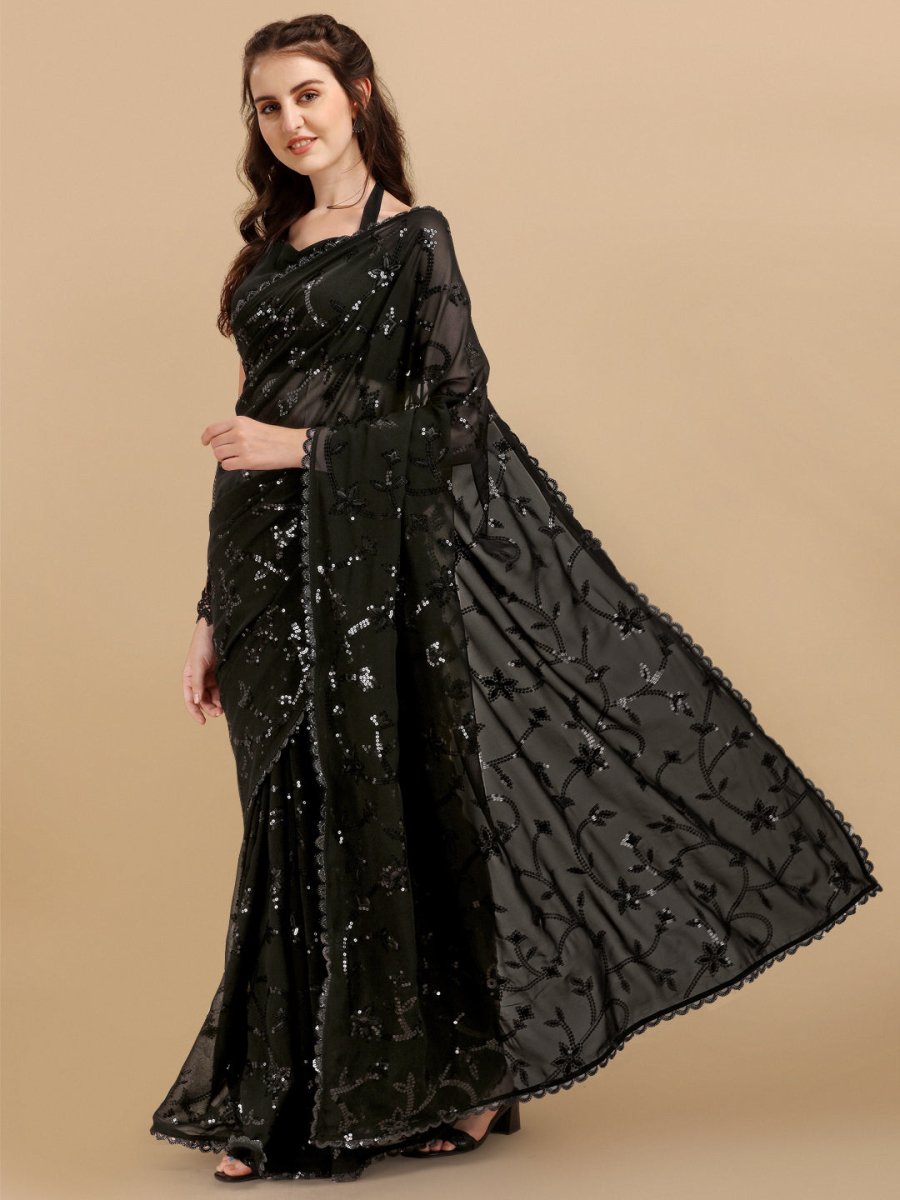 Inddus Black Silver-Toned Floral Sequinned Saree - Inddus.com