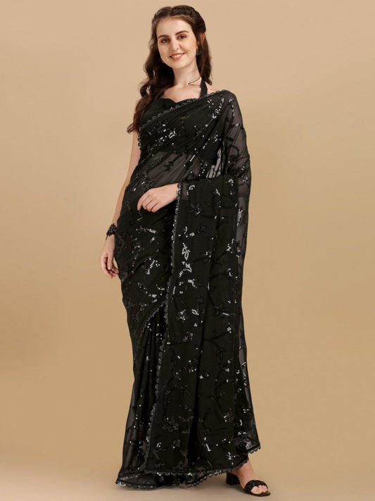 Inddus Black Silver-Toned Floral Sequinned Saree - Inddus.com