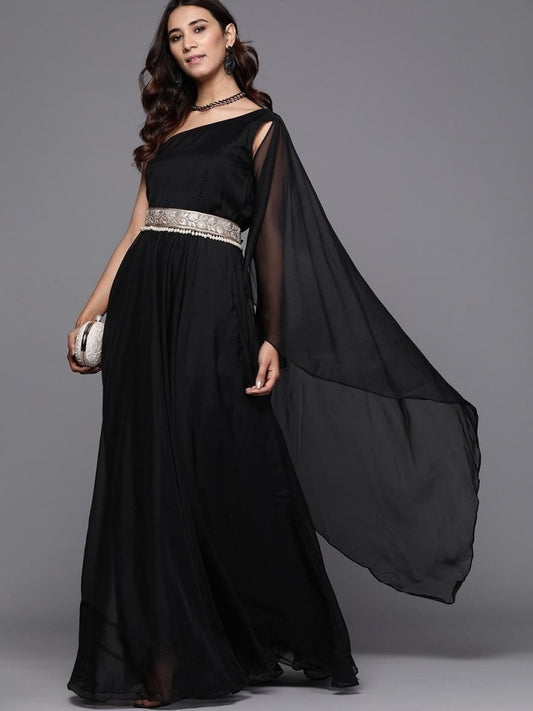 Inddus Black Solid One-Shoulder Maxi Dress with Attached Dupatta - inddus-us