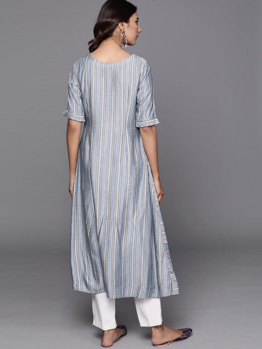 Inddus Blue & Grey Striped A-Line Kurta - Inddus.com