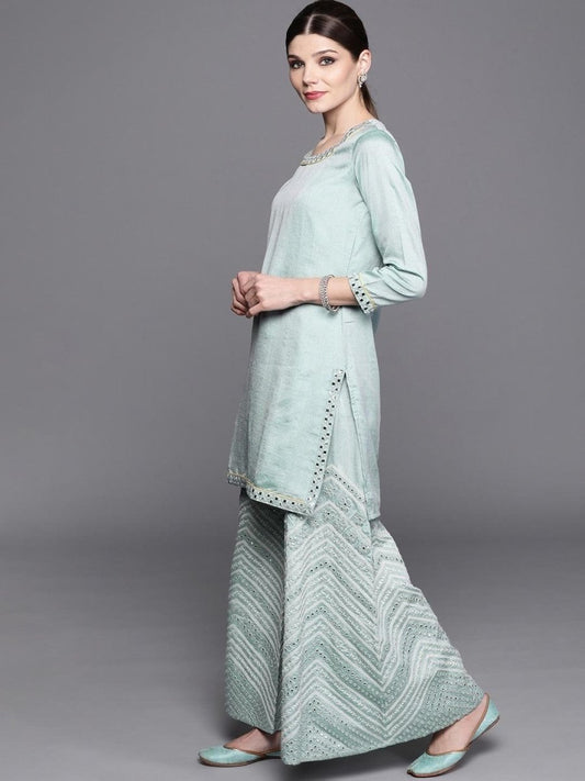 Inddus Blue Solid Kurta with Palazzos & Dupatta - inddus-us