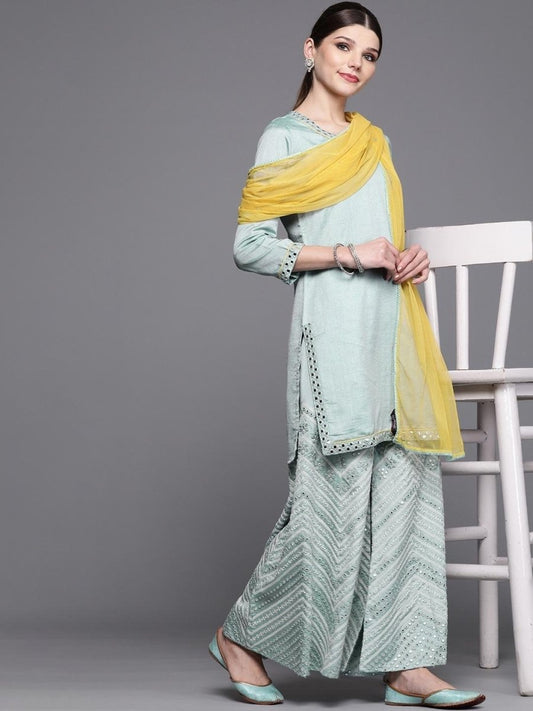 Inddus Blue Solid Kurta with Palazzos & Dupatta - inddus-us