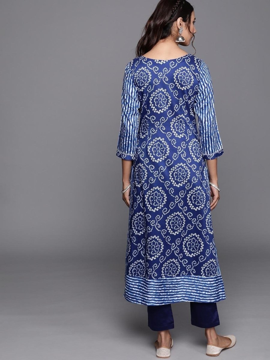 Inddus Blue & White Bhandhani Printed Kurta with Trousers - Inddus.com