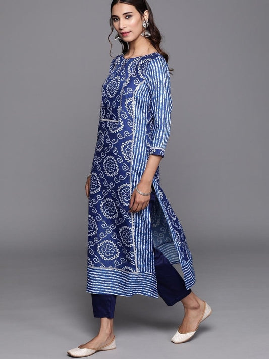 Inddus Blue & White Bhandhani Printed Kurta with Trousers - Inddus.com