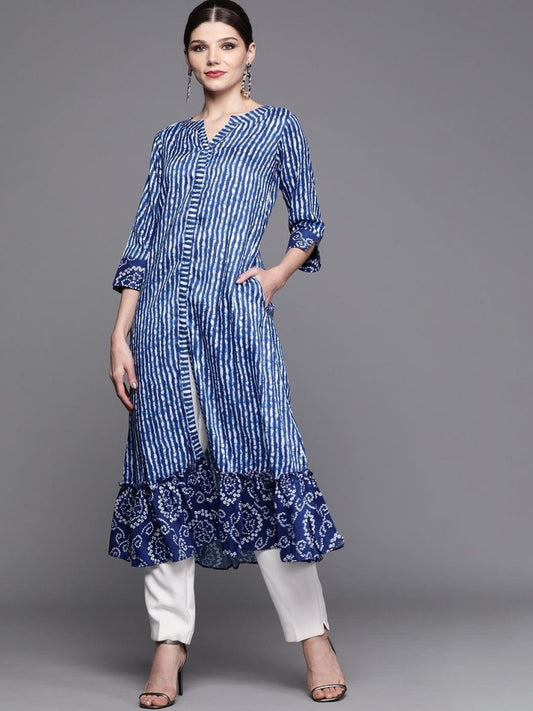 Inddus Blue & White Striped A-Line Kurta - Inddus.com