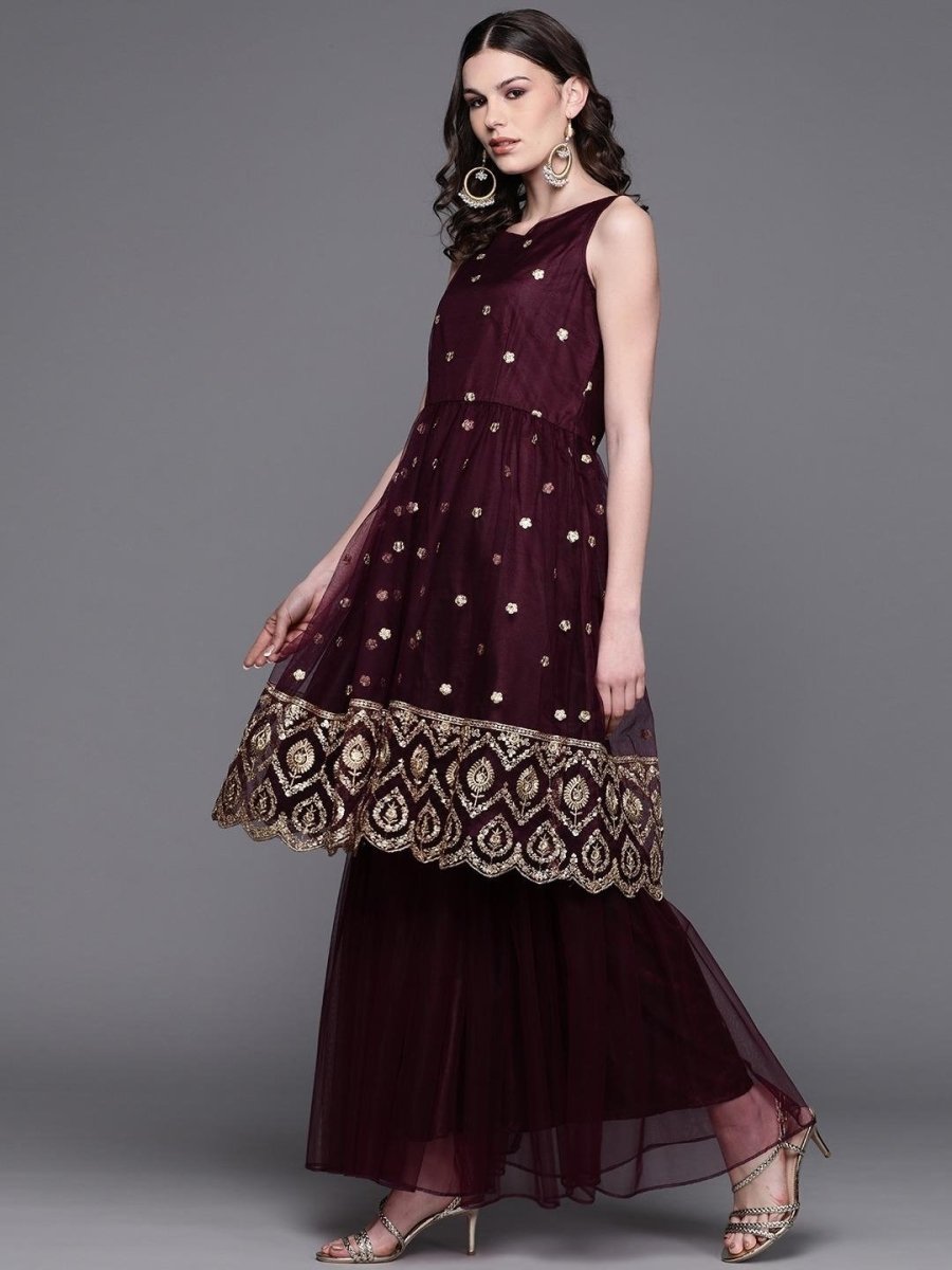 Inddus Burgundy & Golden Embroidered Kurta with Sharara & Dupatta - Inddus.com