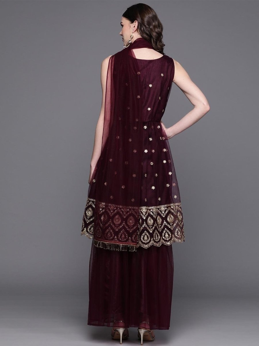 Inddus Burgundy & Golden Embroidered Kurta with Sharara & Dupatta - Inddus.com