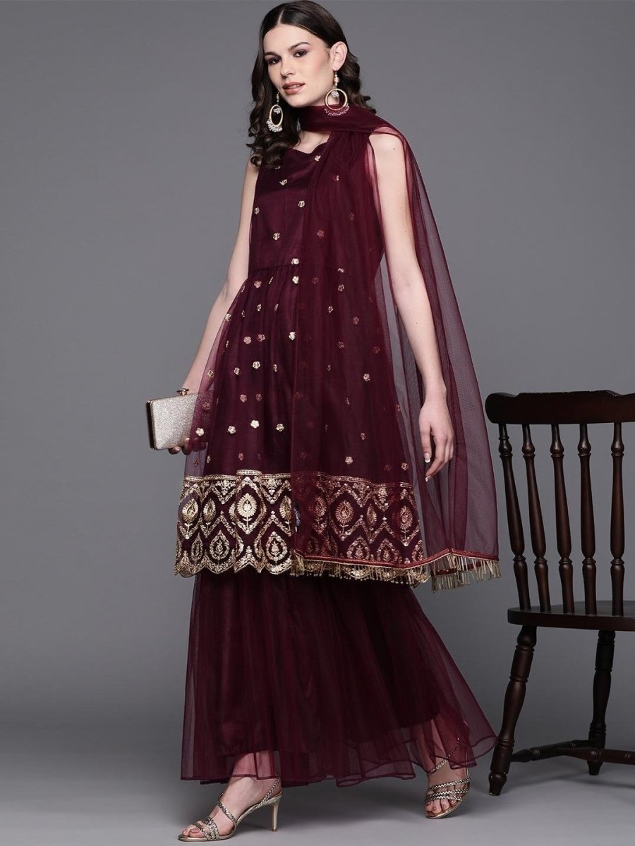 Inddus Burgundy & Golden Embroidered Kurta with Sharara & Dupatta - Inddus.com