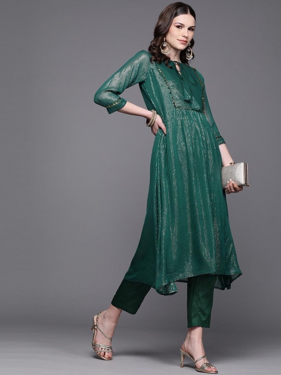 Inddus Green & Golden Self-Striped Kurta with Trousers - Inddus.com