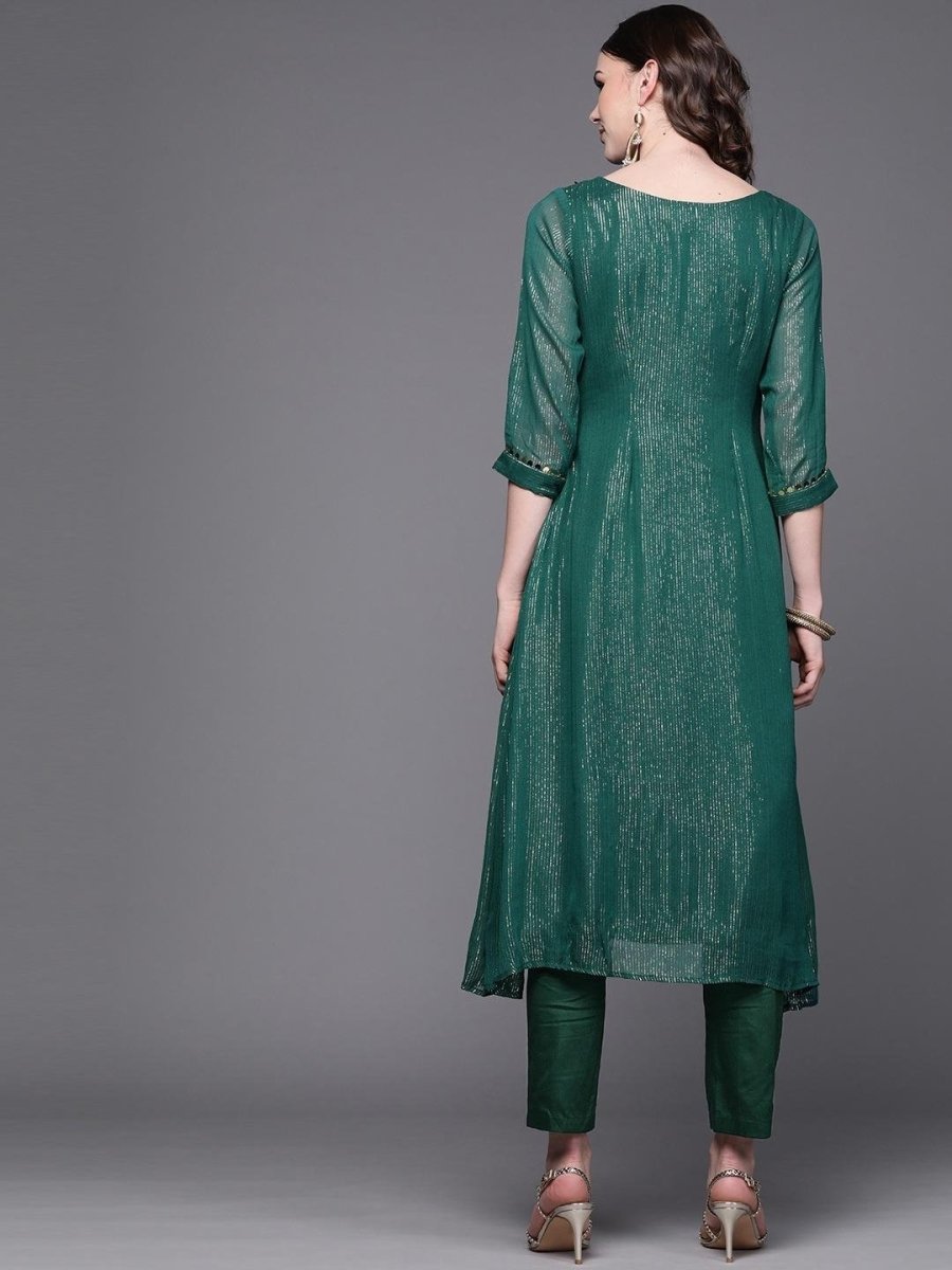 Inddus Green & Golden Self-Striped Kurta with Trousers - Inddus.com