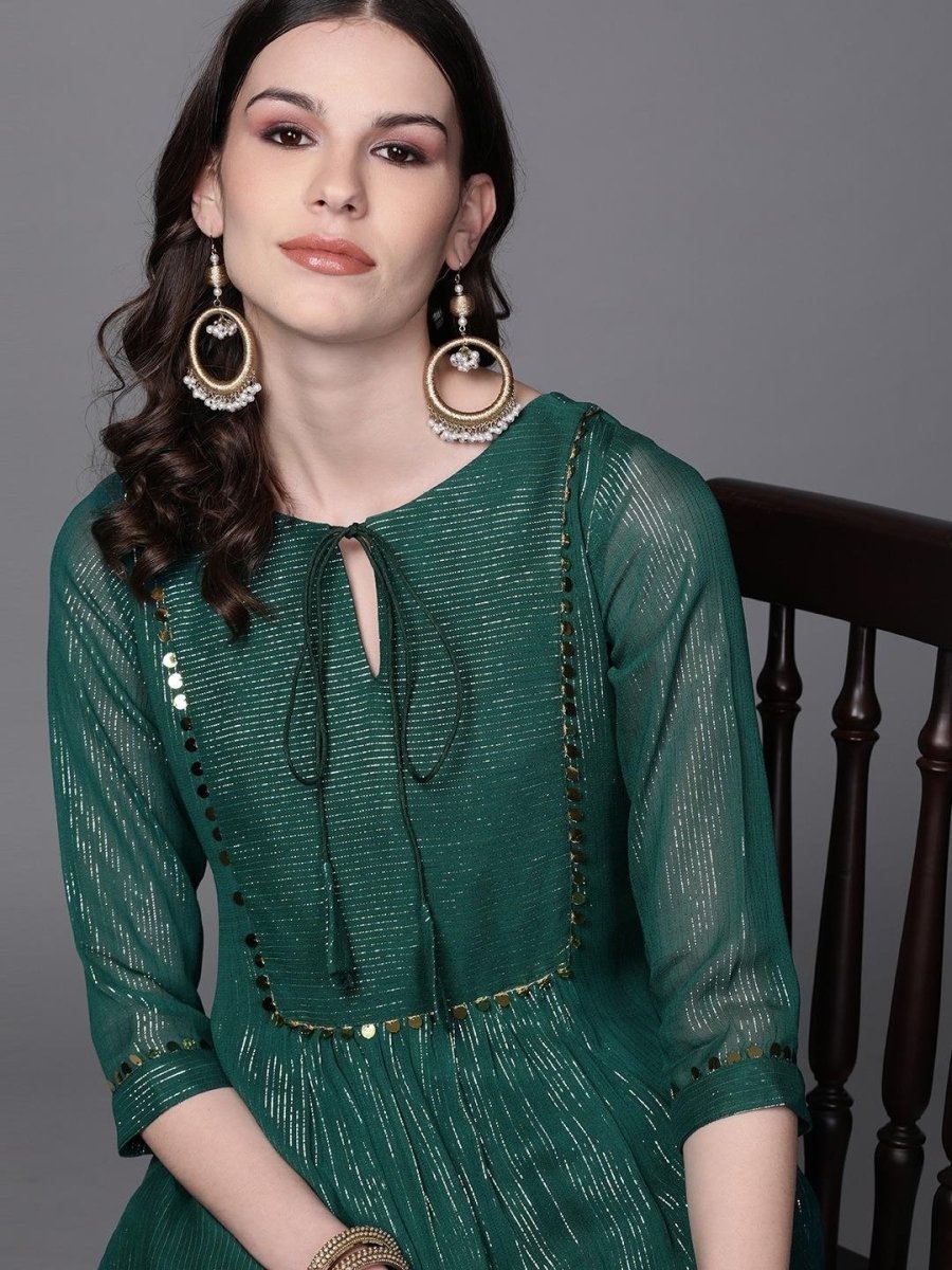 Inddus Green & Golden Self-Striped Kurta with Trousers - Inddus.com