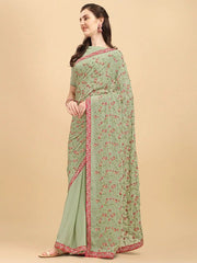 Inddus Green Pink Floral Embroidered Sequinned Saree - Inddus.com