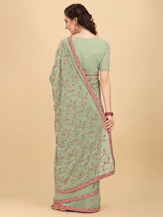 Inddus Green Pink Floral Embroidered Sequinned Saree - Inddus.com