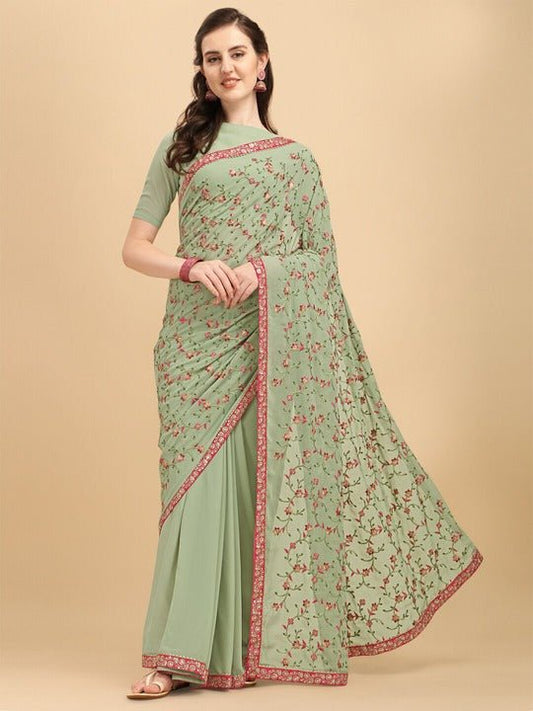 Inddus Green Pink Floral Embroidered Sequinned Saree - Inddus.com