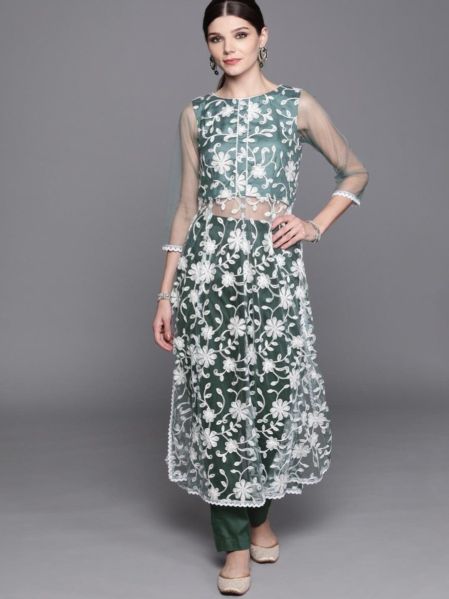 Inddus Green & White Embroidered Kurta with Trousers - Inddus.com