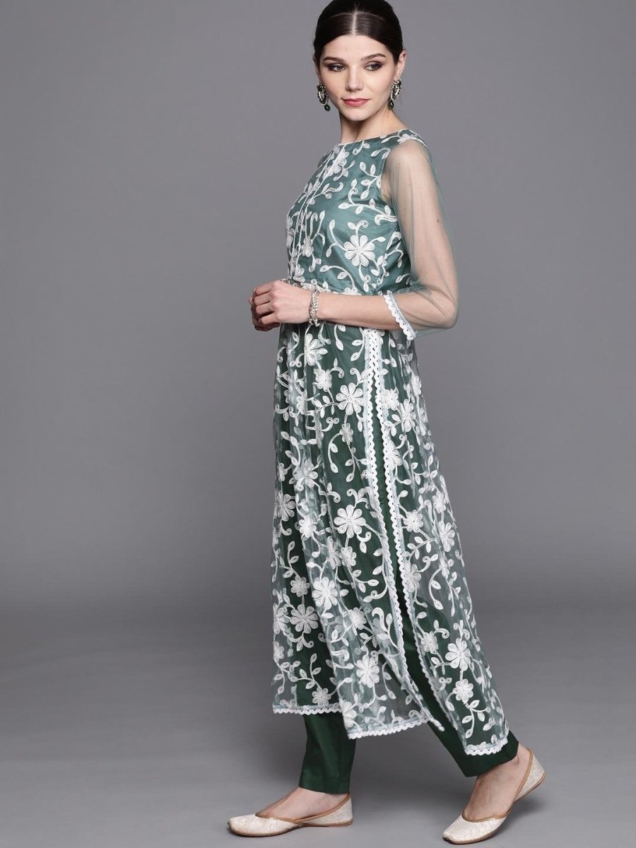 Inddus Green & White Embroidered Kurta with Trousers - Inddus.com