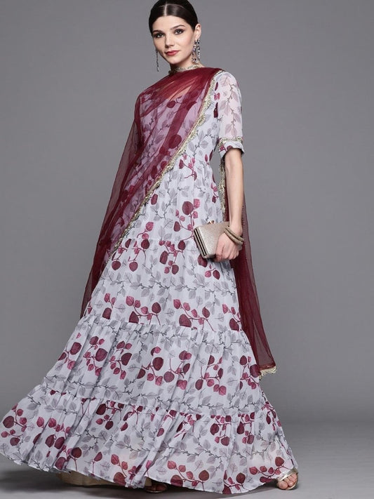 Inddus Grey & Maroon Printed Anarkali Kurta with Dupatta - Inddus.com