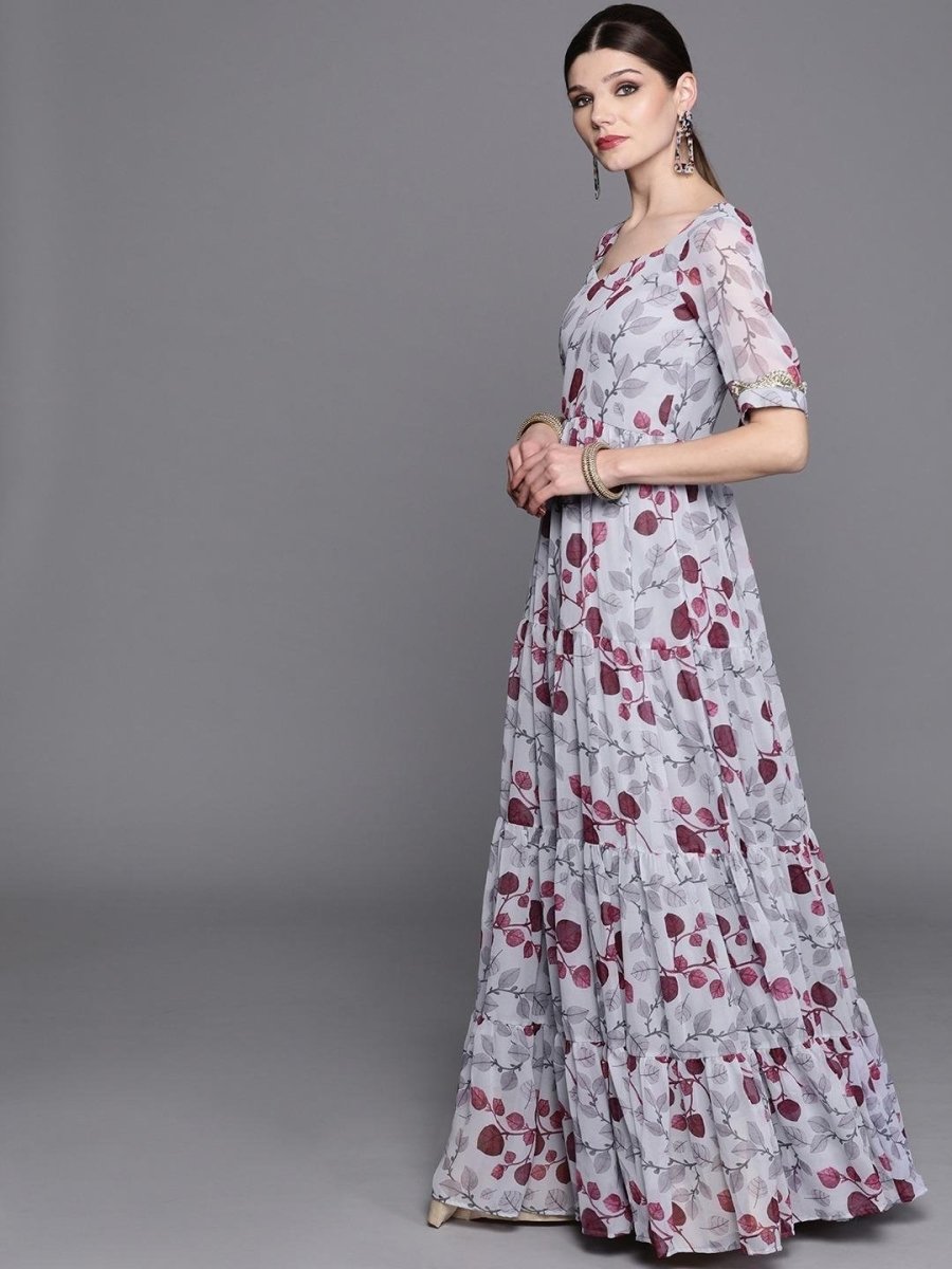 Inddus Grey & Maroon Printed Anarkali Kurta with Dupatta - Inddus.com