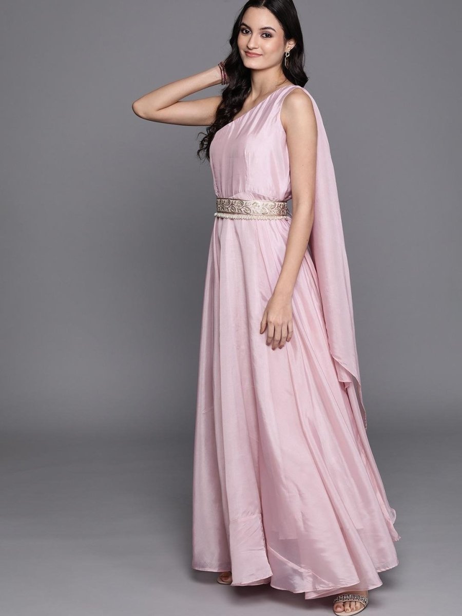 Inddus Lavender Solid One-Shoulder Maxi Dress with Attached Dupatta - inddus-us