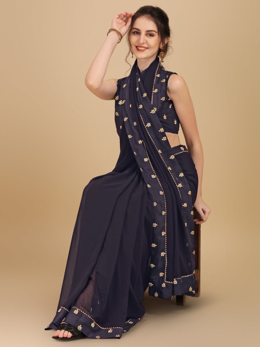 Inddus Mauve Gold-Toned Embroidered Saree - Inddus.com