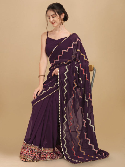 Inddus Mauve Red Sequinned Half and Half Saree - Inddus.com