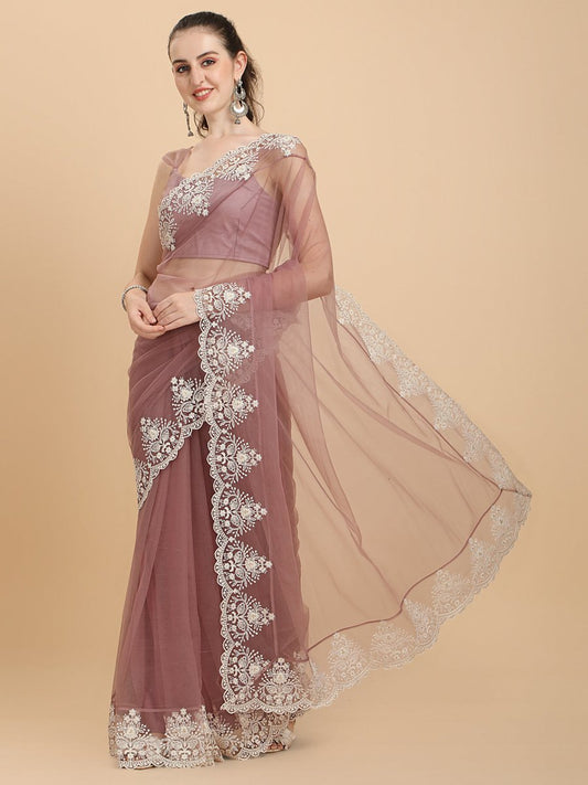 Inddus Mauve White Embroidered Net Saree - Inddus.com