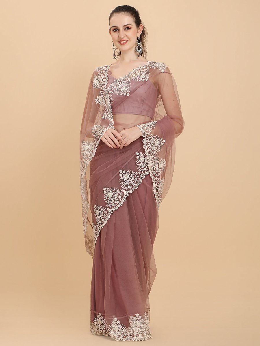 Inddus Mauve White Embroidered Net Saree - Inddus.com