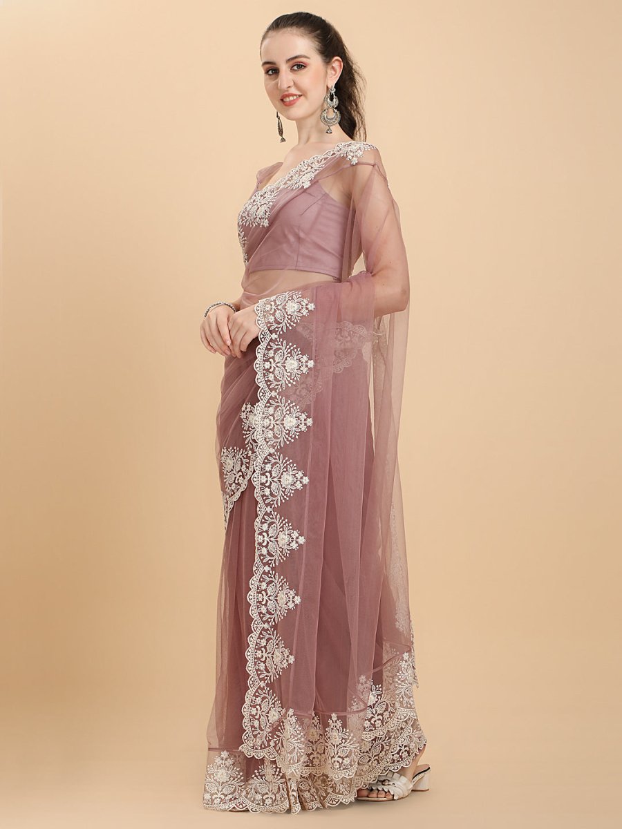 Inddus Mauve White Embroidered Net Saree - Inddus.com