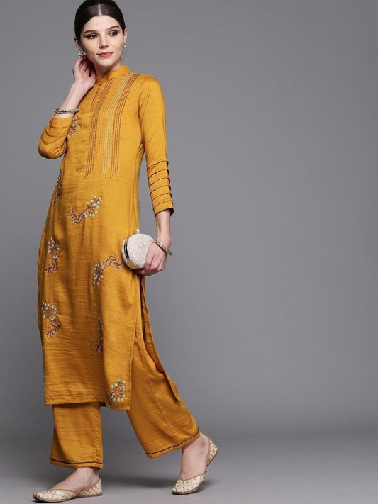 Inddus Mustard Yellow Floral Embroidered Kurta with Palazzos - inddus-us