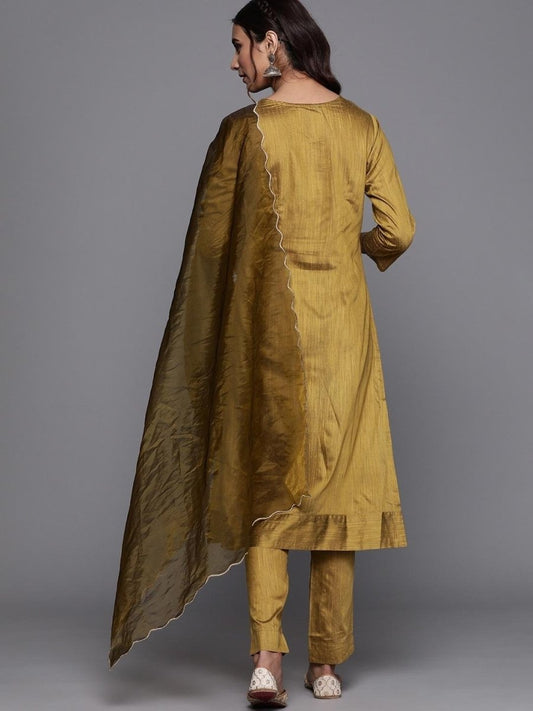 Inddus Mustard Yellow Solid Kurta with Trousers & Dupatta - inddus-us