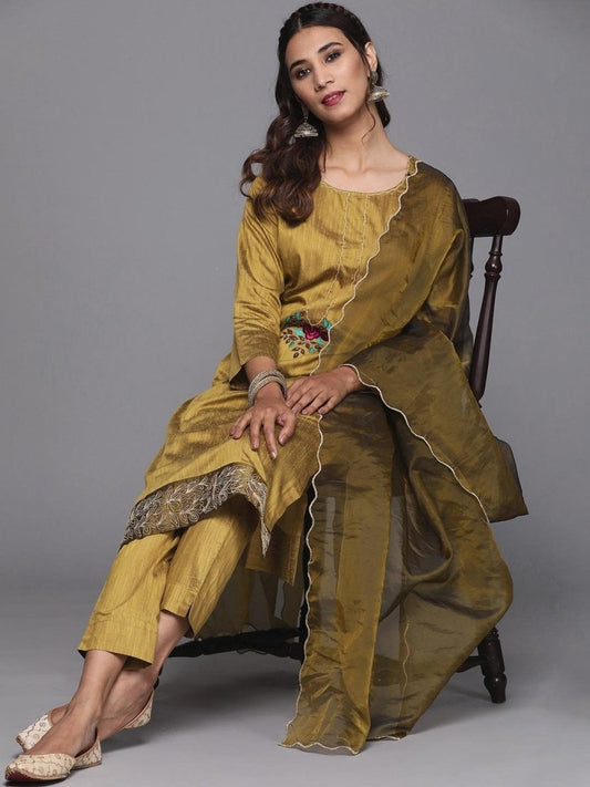 Inddus Mustard Yellow Solid Kurta with Trousers & Dupatta - inddus-us